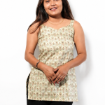 Women's Beige Printed Sleeveless Lace-Up Back Kurti