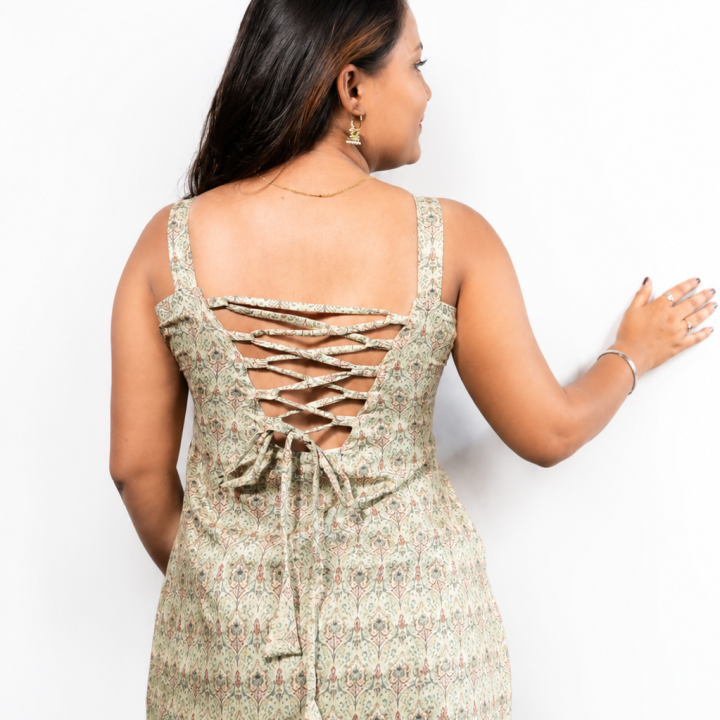 Women's Beige Printed Sleeveless Lace-Up Back Kurti
