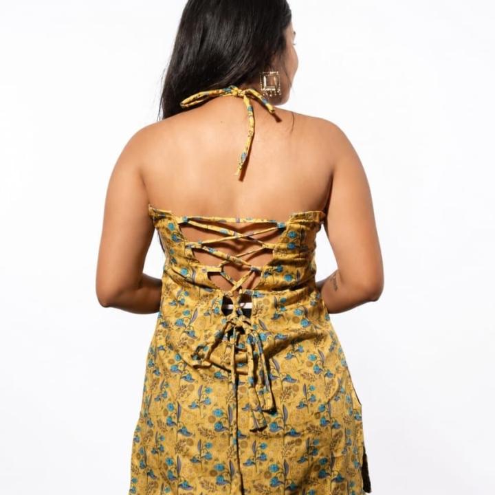 Women’s Mustard Floral Printed Halter Neck Lace-Up Peplum Top