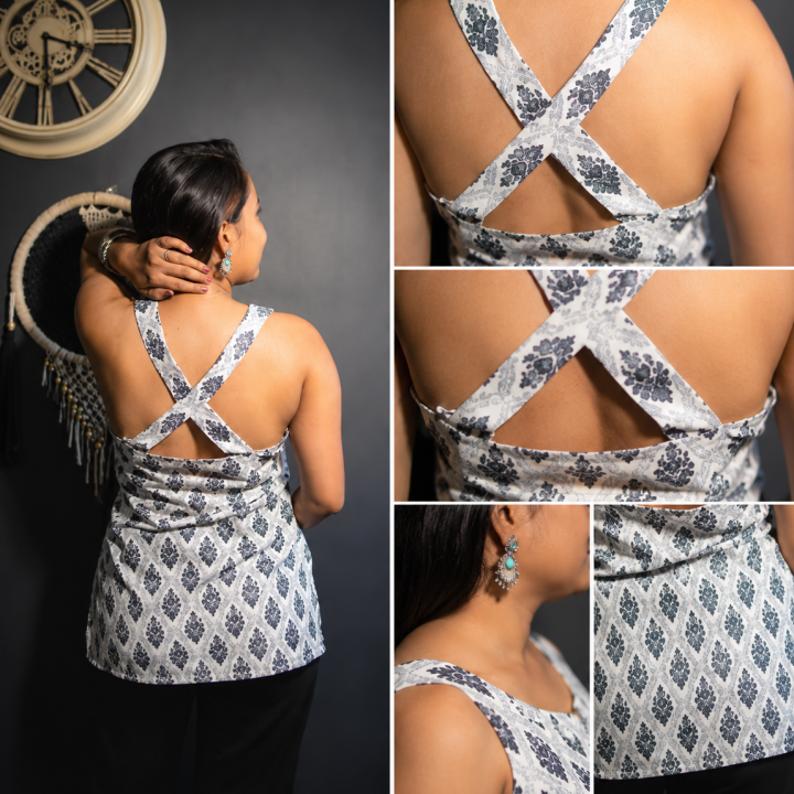 Women’s White & Grey Printed Sleeveless Cross-Back Top
